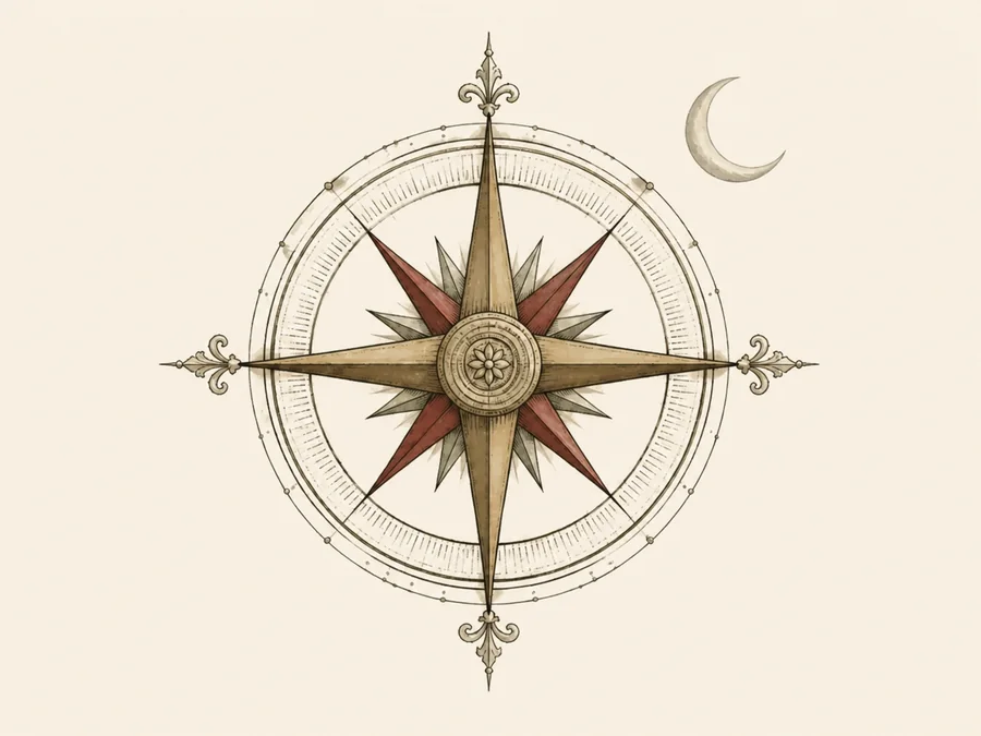 Ilustración de una rosa de los vientos y una luna creciente