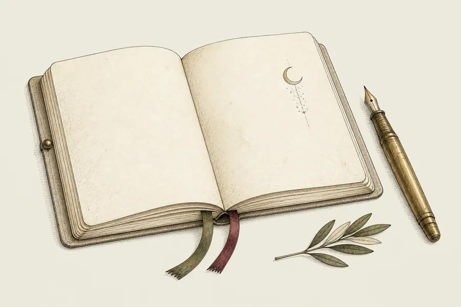Cuaderno abierto con una pluma y una rama de olivo